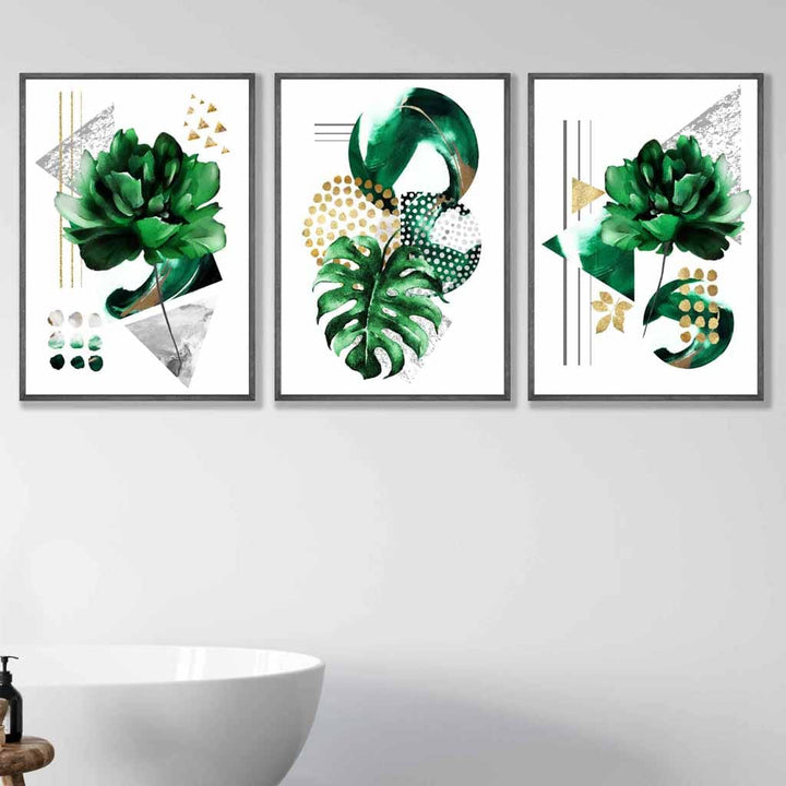 Abstraktes grün-goldenes Blumen-Set aus 3 gerahmten Wandbildern