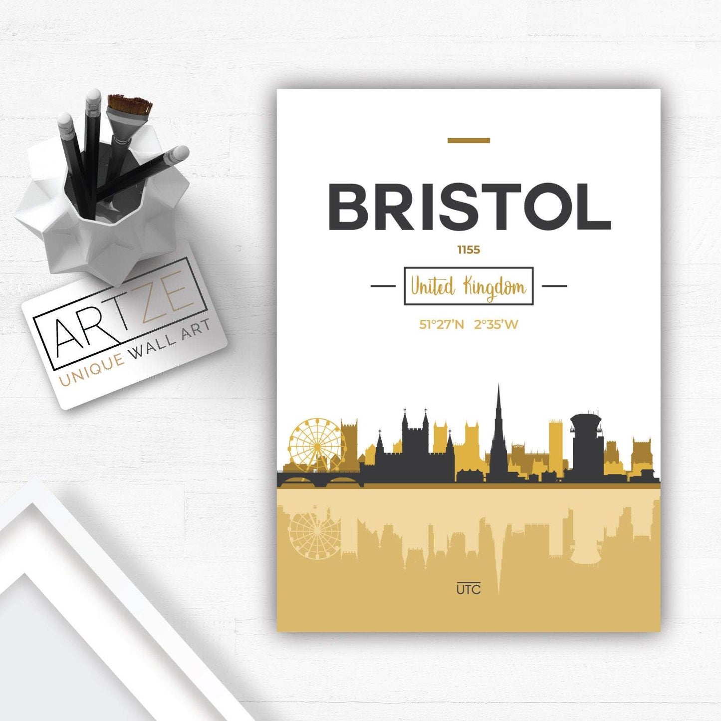 Bristol Skyline, Stadtansicht von Bristol, England, Kunstdruck in Gelb und Grau, Wandbild, Poster, Dekoration für Zuhause