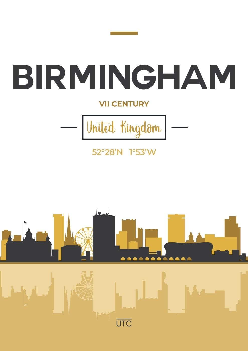 Birmingham Skyline Stadtansicht England, Gelb-Grau Kunstdruck
