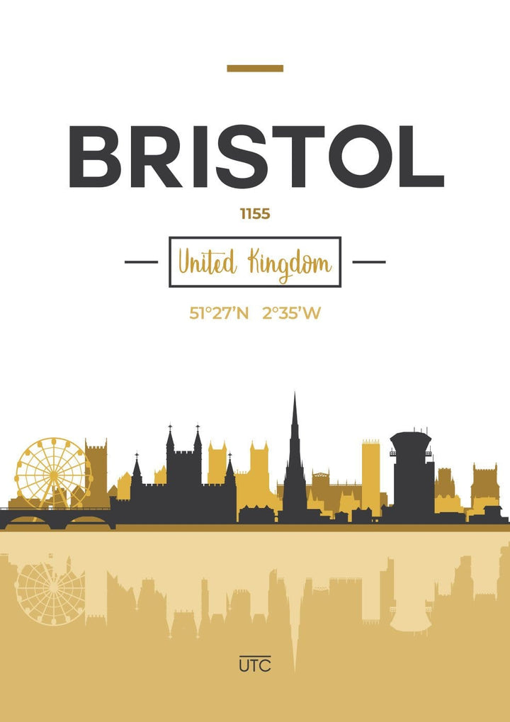 Bristol Skyline, Stadtansicht von Bristol, England, Kunstdruck in Gelb und Grau, Wandbild, Poster, Dekoration für Zuhause