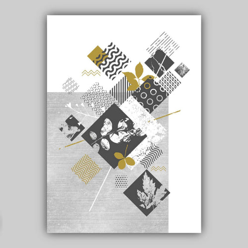 BOTANISCH Set aus 3 abstrakten GEOMETRISCHEN grauen und senffarbenen Blumendrucken