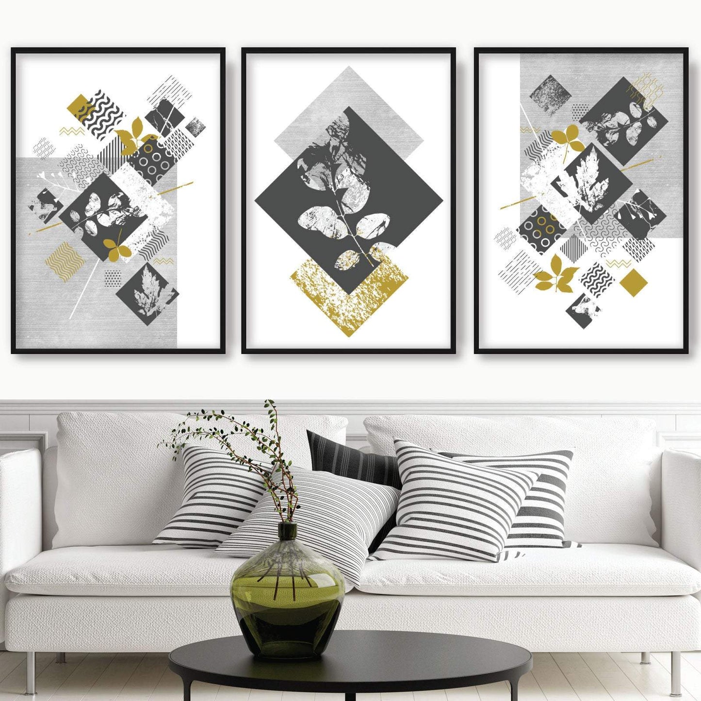 BOTANISCH Set aus 3 abstrakten GEOMETRISCHEN grauen und senffarbenen Blumendrucken