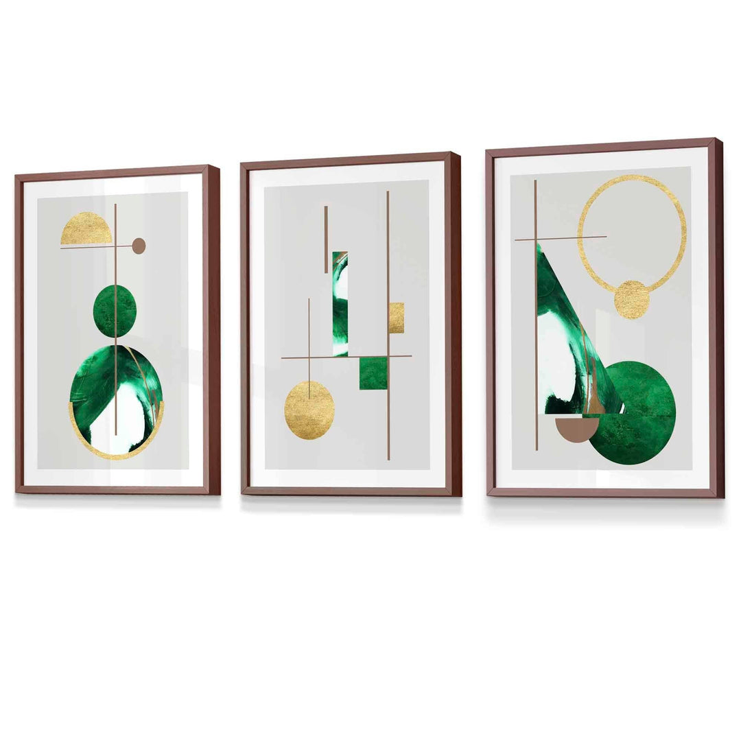 Abstraktes, strukturiertes, geometrisches Kunstwerk im Mid-Century-Modern-Stil, gerahmt in Grün und Gold