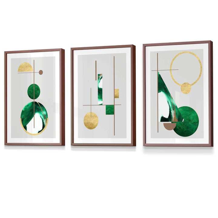 Abstraktes, strukturiertes, geometrisches Kunstwerk im Mid-Century-Modern-Stil, gerahmt in Grün und Gold