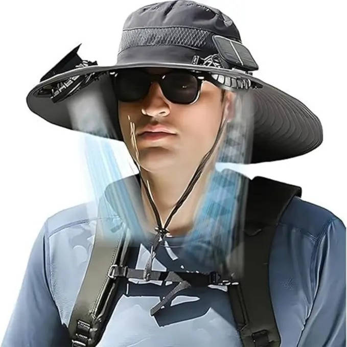 Outdoor Breitkrempiger Sonnenhut mit 2 Solarventilatoren, UV-Schutz für Männer und Frauen, Kühlhut für Camping und Wandern | Karnz