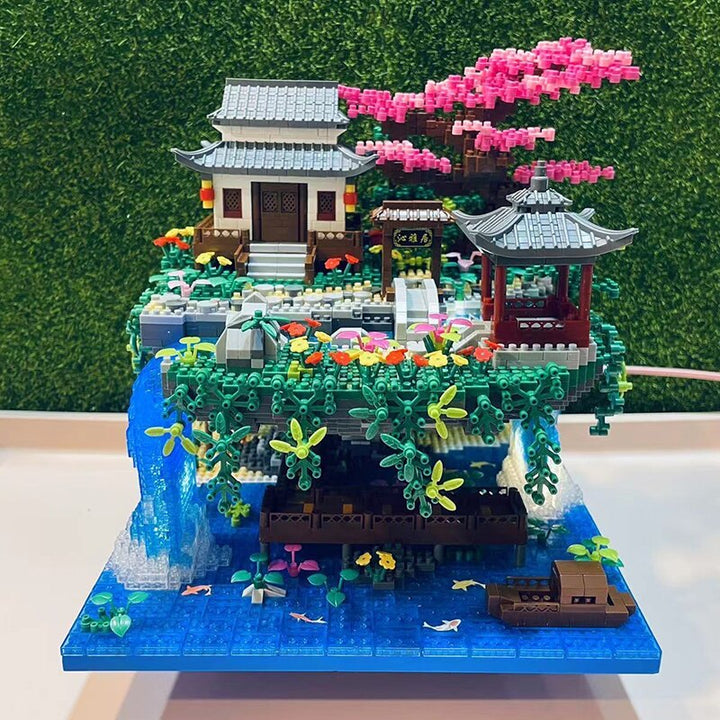 Karnz | Wasserfall Japanisches Haus Sakura Baum Schwimmende Insel Nano Bauklötze | Begrenzter Lagerbestand