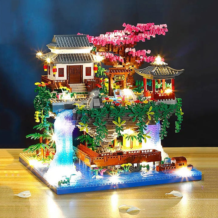 Karnz | Wasserfall Japanisches Haus Sakura Baum Schwimmende Insel Nano Bauklötze | Begrenzter Lagerbestand