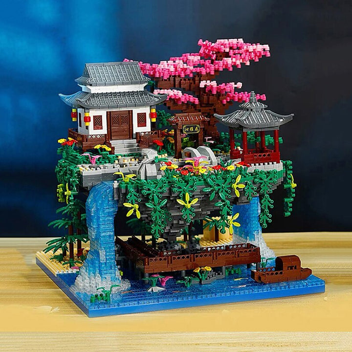 Karnz | Wasserfall Japanisches Haus Sakura Baum Schwimmende Insel Nano Bauklötze | Begrenzter Lagerbestand