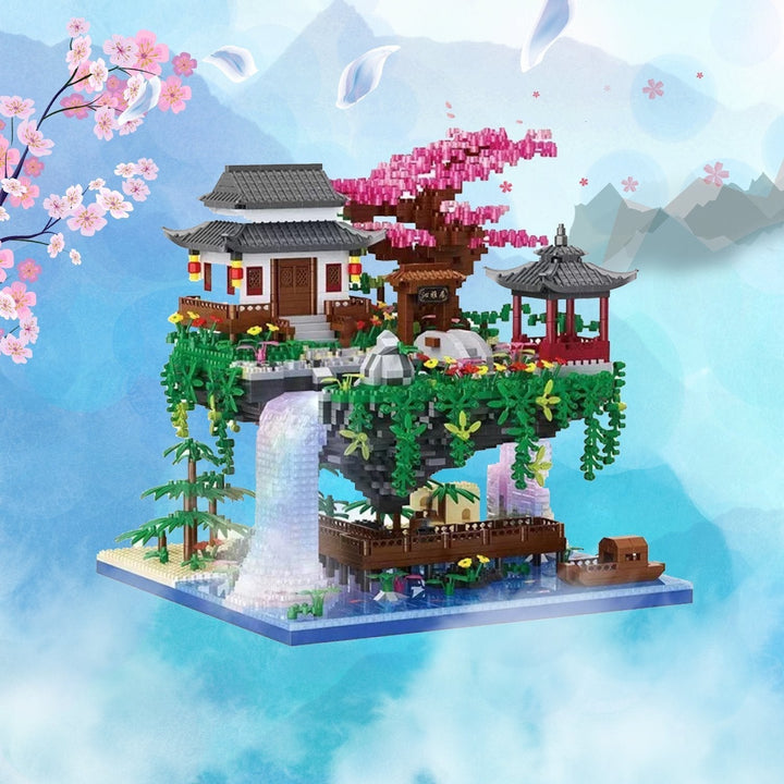 Karnz | Wasserfall Japanisches Haus Sakura Baum Schwimmende Insel Nano Bauklötze | Begrenzter Lagerbestand
