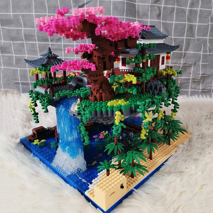 Karnz | Wasserfall Japanisches Haus Sakura Baum Schwimmende Insel Nano Bauklötze | Begrenzter Lagerbestand