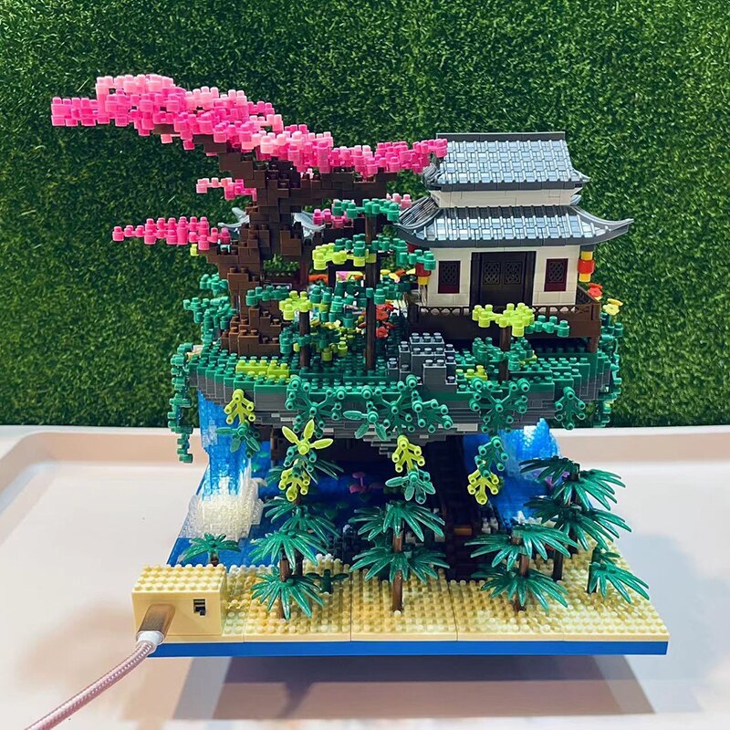 Karnz | Wasserfall Japanisches Haus Sakura Baum Schwimmende Insel Nano Bauklötze | Begrenzter Lagerbestand