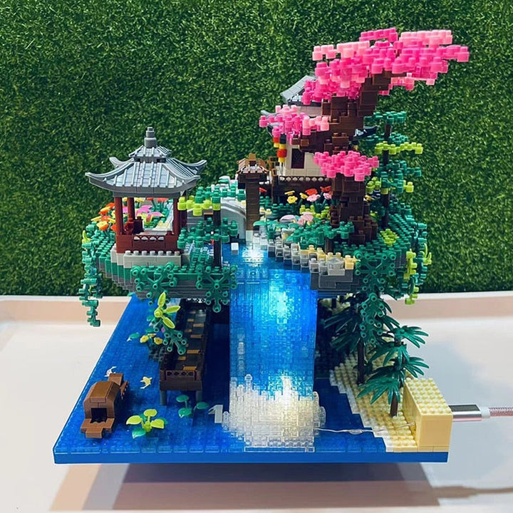 Karnz | Wasserfall Japanisches Haus Sakura Baum Schwimmende Insel Nano Bauklötze | Begrenzter Lagerbestand