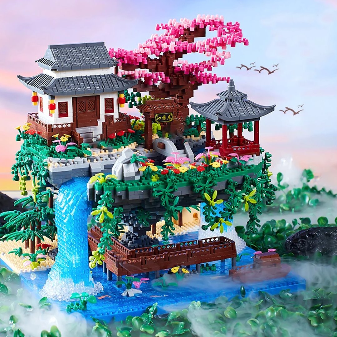 Karnz | Wasserfall Japanisches Haus Sakura Baum Schwimmende Insel Nano Bauklötze | Begrenzter Lagerbestand