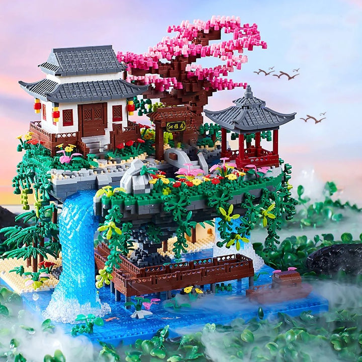Karnz | Wasserfall Japanisches Haus Sakura Baum Schwimmende Insel Nano Bauklötze | Begrenzter Lagerbestand