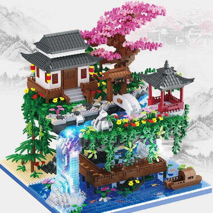 Karnz | Wasserfall Japanisches Haus Sakura Baum Schwimmende Insel Nano Bauklötze | Begrenzter Lagerbestand