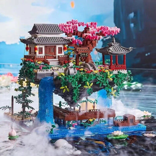 Karnz | Wasserfall Japanisches Haus Sakura Baum Schwimmende Insel Nano Bauklötze | Begrenzter Lagerbestand