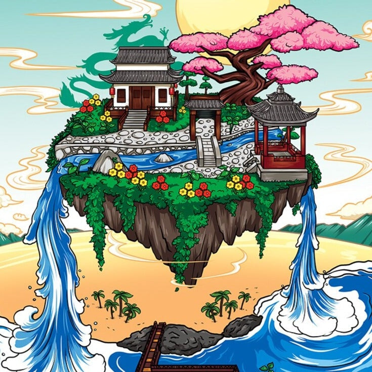 Karnz | Wasserfall Japanisches Haus Sakura Baum Schwimmende Insel Nano Bauklötze | Begrenzter Lagerbestand