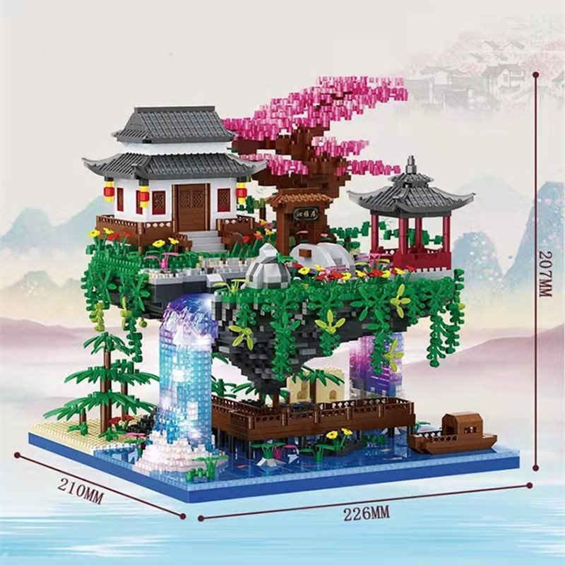 Karnz | Wasserfall Japanisches Haus Sakura Baum Schwimmende Insel Nano Bauklötze | Begrenzter Lagerbestand