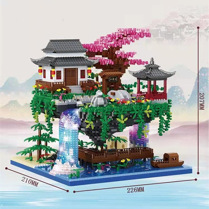 Karnz | Wasserfall Japanisches Haus Sakura Baum Schwimmende Insel Nano Bauklötze | Begrenzter Lagerbestand