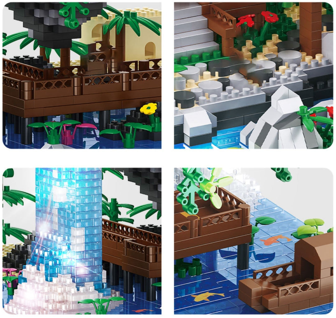 Karnz | Wasserfall Japanisches Haus Sakura Baum Schwimmende Insel Nano Bauklötze | Begrenzter Lagerbestand