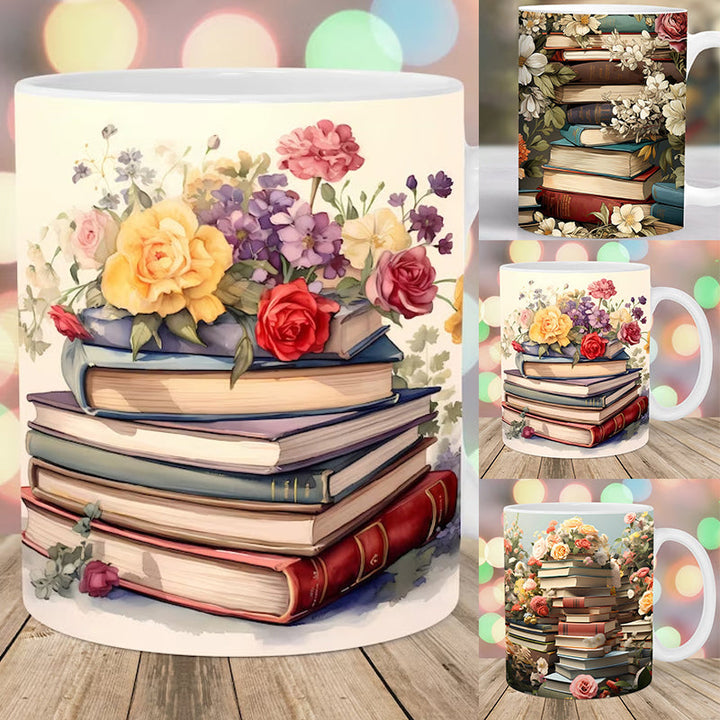 3D Künstlerisch Schöne Florale Bücher Kaffeetasse - Buchliebhaber Geschenk | Karnz