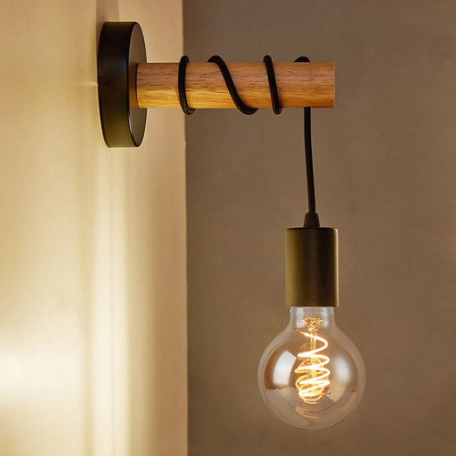 Schwarze industrielle Wand-Nachttischlampe mit Holzsockel | Karnz