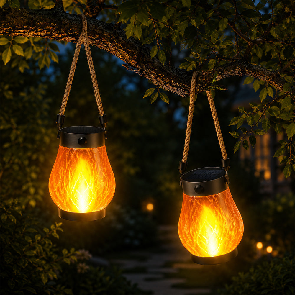 Solar-Laterne Ø12 cm mit Flammeneffekt-Licht und Hanfseil | Karnz