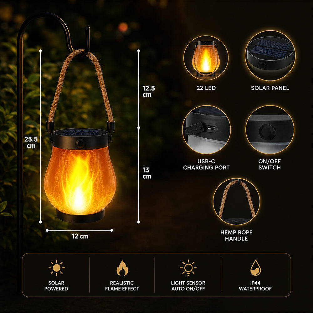 Solar-Laterne Ø12 cm mit Flammeneffekt-Licht und Hanfseil | Karnz