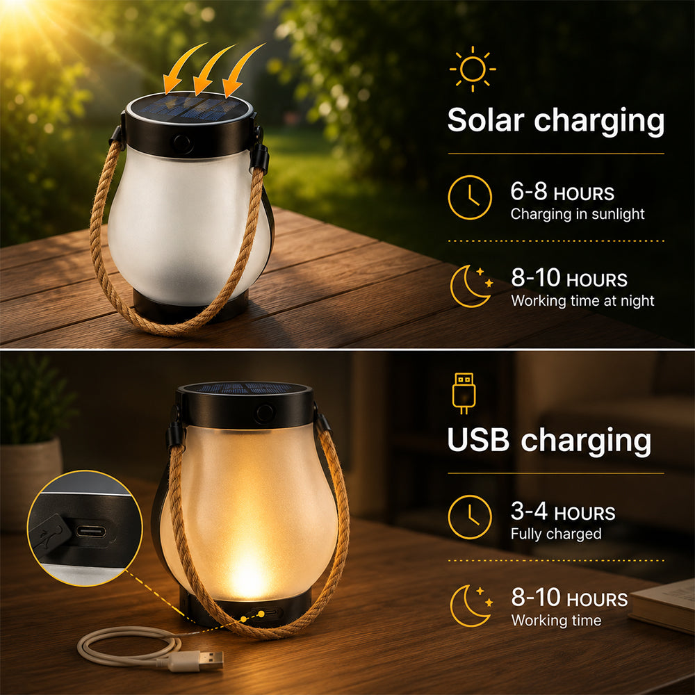 Solar-Laterne Ø12 cm mit Flammeneffekt-Licht und Hanfseil | Karnz