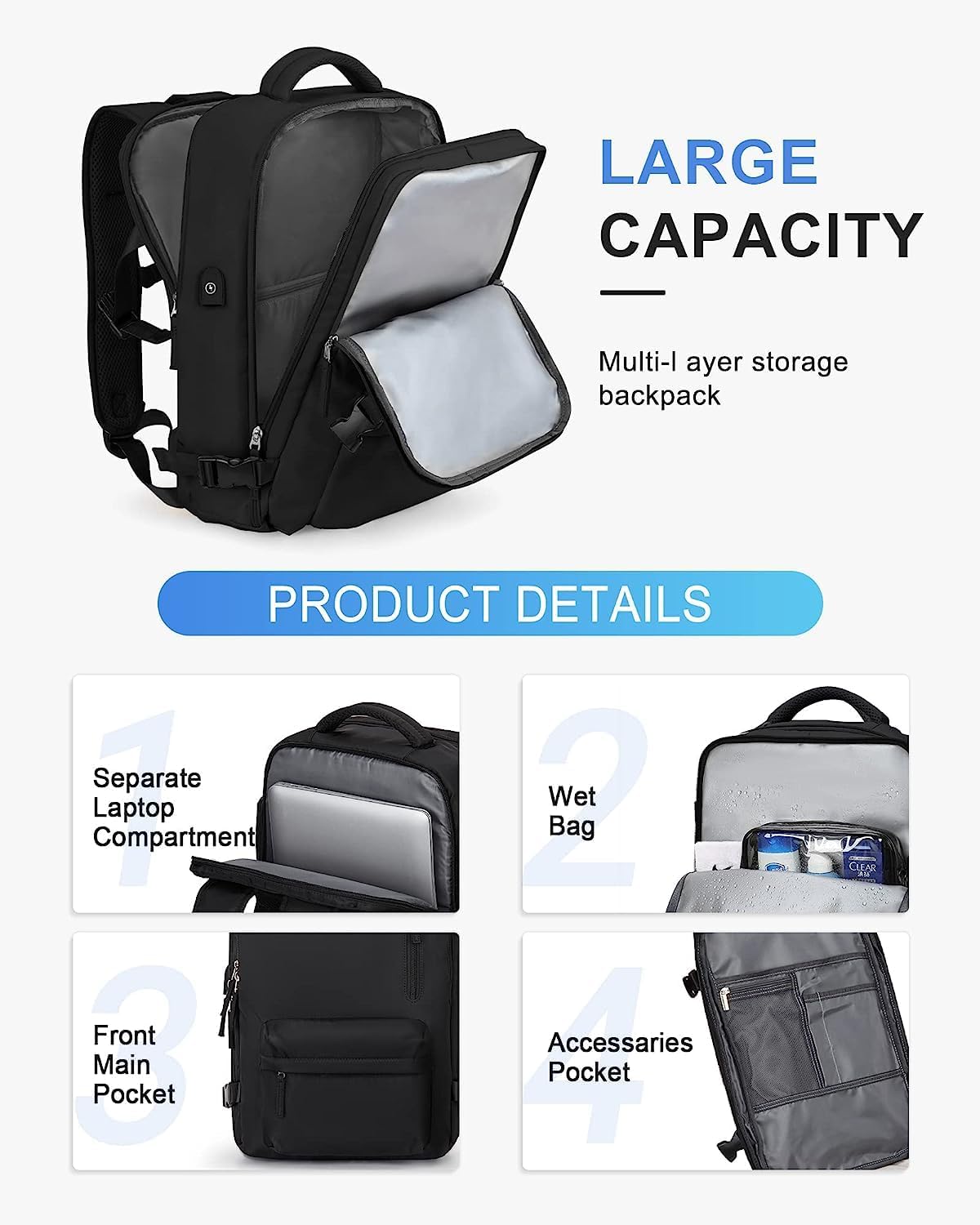 Wasserfester Reise-Rucksack mit Schuhfach & USB-Anschluss – 14" Laptop geeignet | Karnz