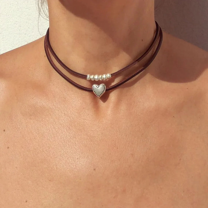 Karnz | Geschichtete Lederherz Choker-Halskette