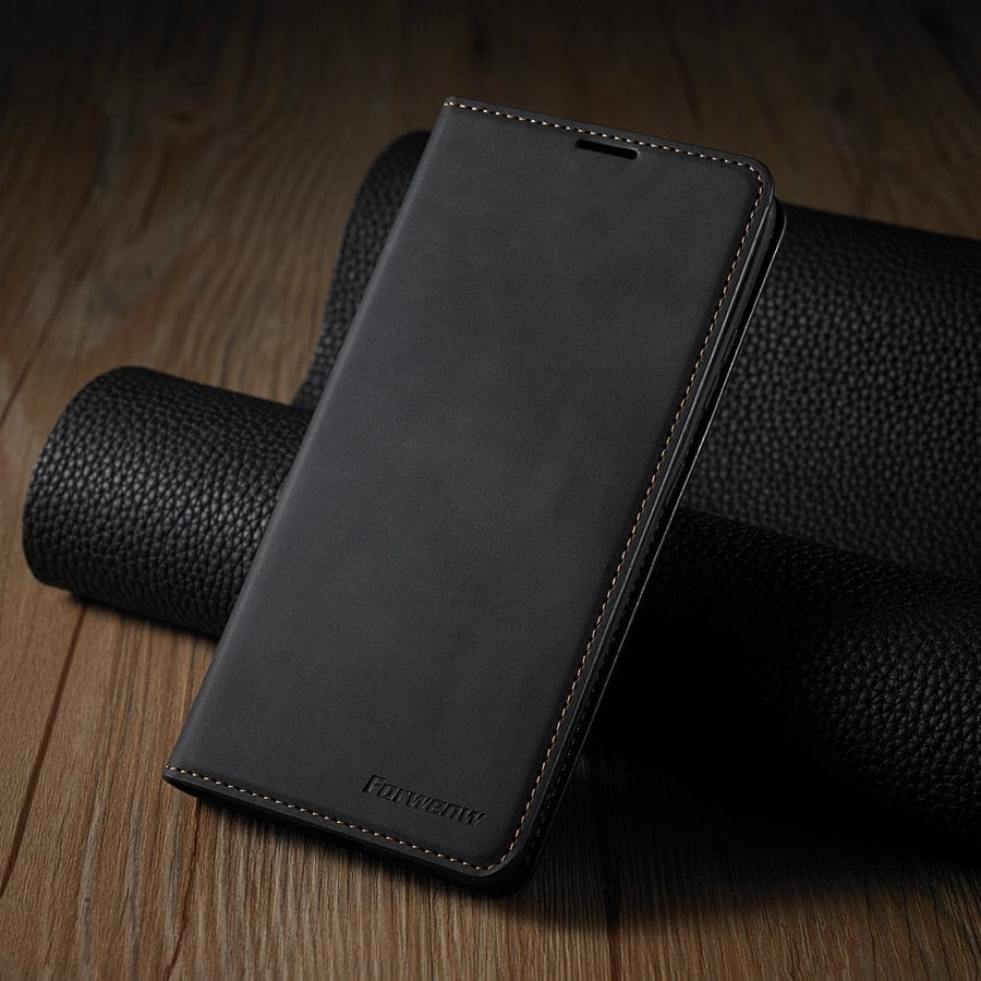 Lederhülle für iPhone 15 mit Brieftaschenformat | Magnetische Klapphülle mit Kartenfächern