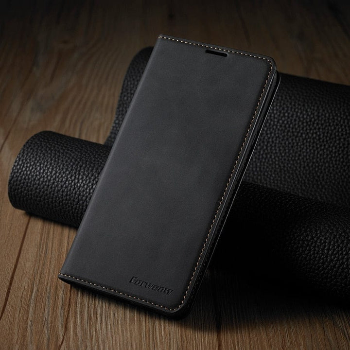 Lederhülle für iPhone 15 mit Brieftaschenformat | Magnetische Klapphülle mit Kartenfächern