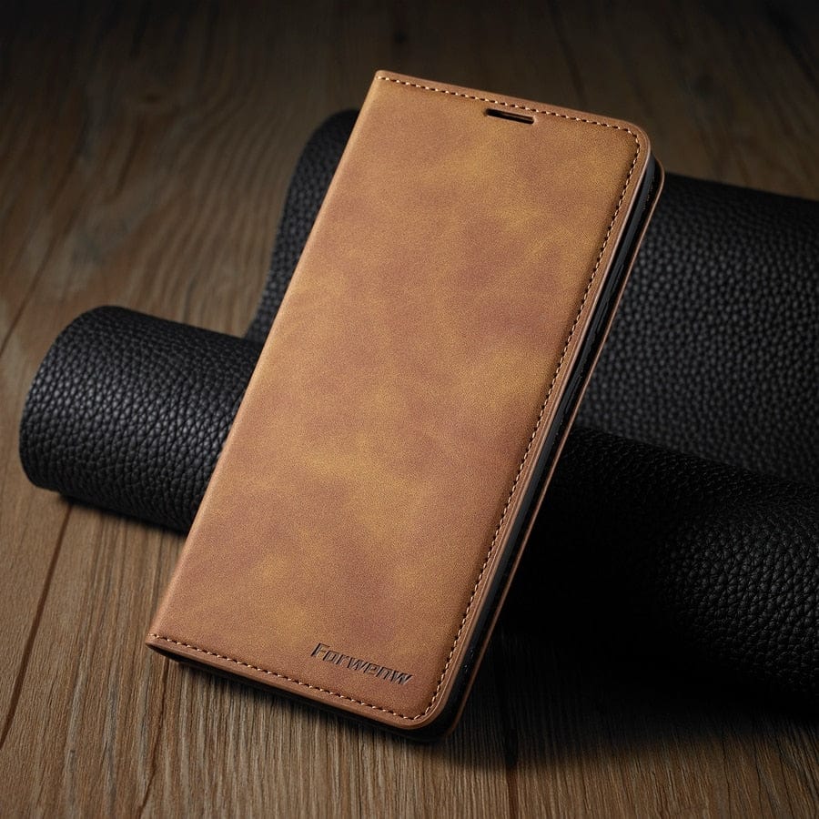 Lederhülle für iPhone 15 mit Brieftaschenformat | Magnetische Klapphülle mit Kartenfächern