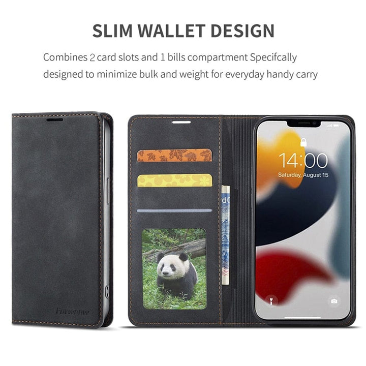 Lederhülle für iPhone 15 mit Brieftaschenformat | Magnetische Klapphülle mit Kartenfächern