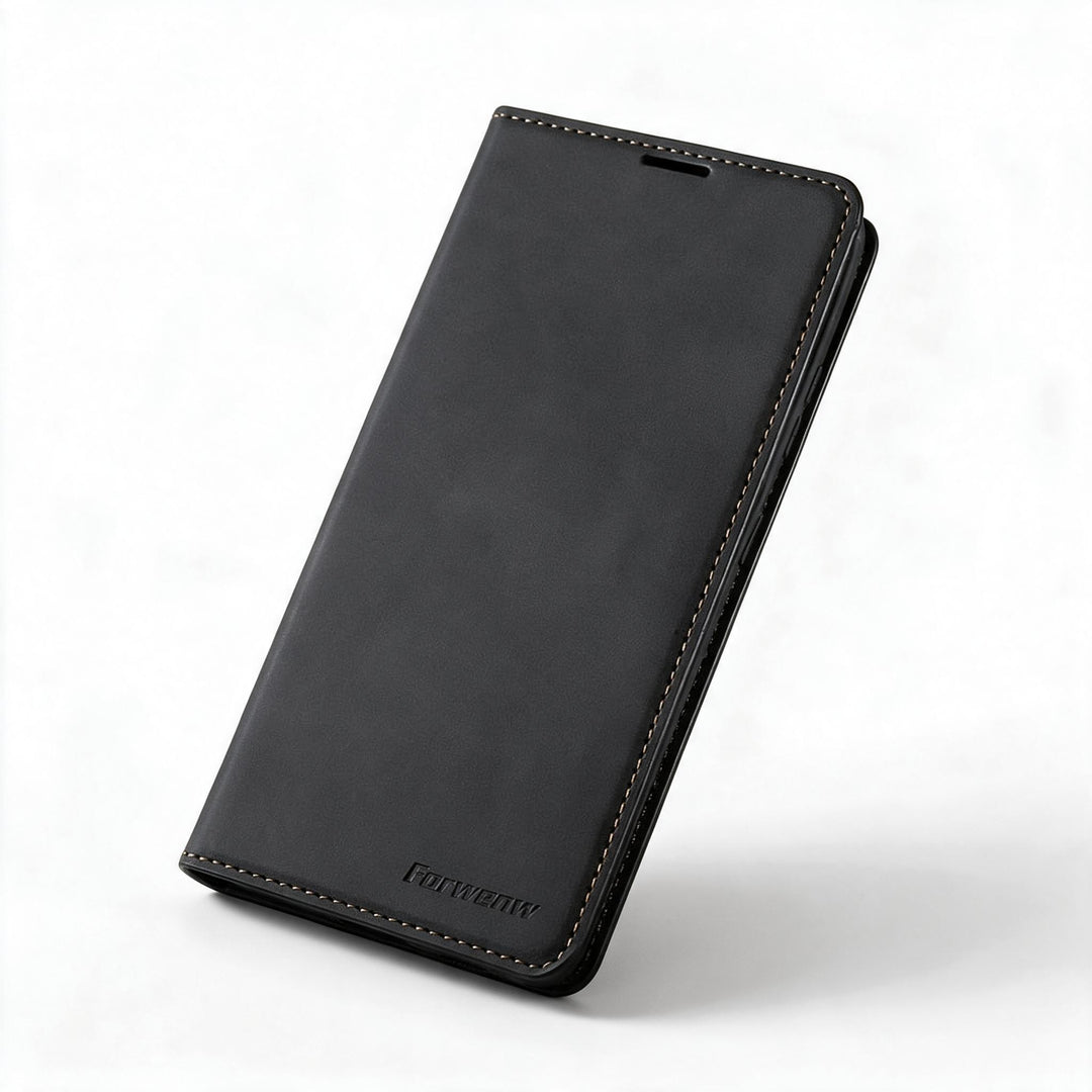 Lederhülle für iPhone 15 mit Brieftaschenformat | Magnetische Klapphülle mit Kartenfächern