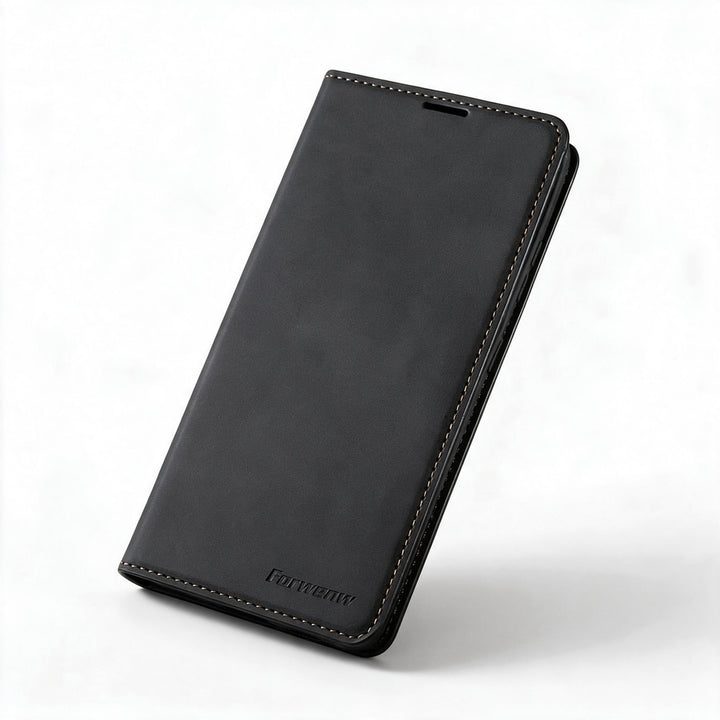 Lederhülle für iPhone 15 mit Brieftaschenformat | Magnetische Klapphülle mit Kartenfächern