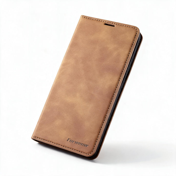 Lederhülle für iPhone 15 mit Brieftaschenformat | Magnetische Klapphülle mit Kartenfächern