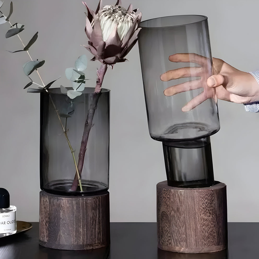 TranquilKarnzoom Vase – Europäische Hydroponik-Vase aus Holz und Glas