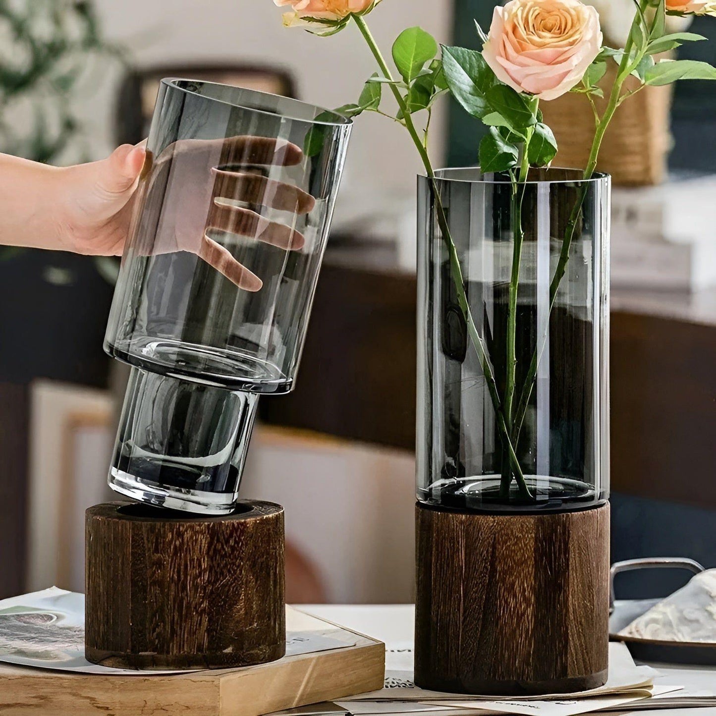 HydroGlass Vase - Europäische Holz-Transparente Glasvase | Karnz