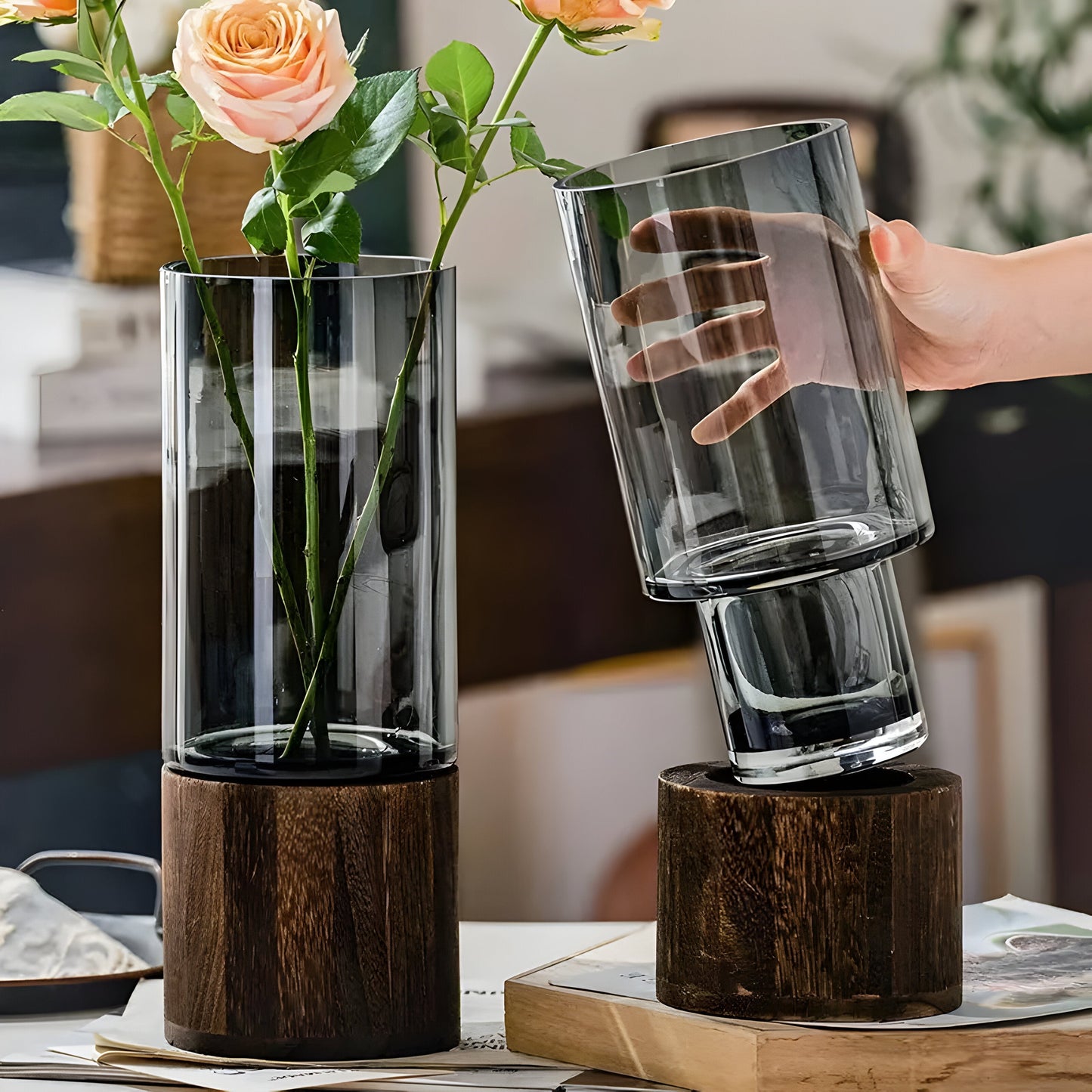TranquilKarnzoom Vase – Europäische Hydroponik-Vase aus Holz und Glas