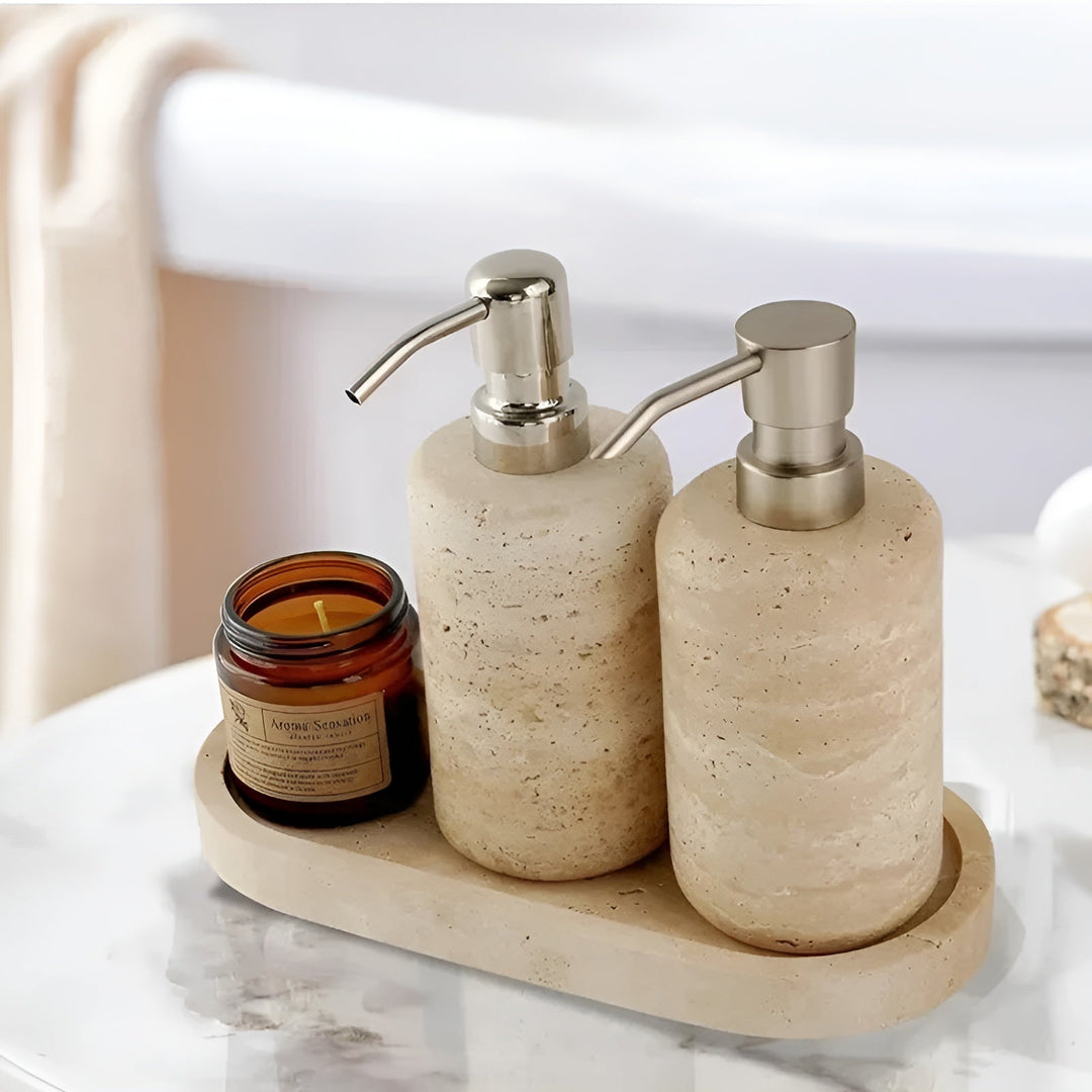 Naturstein Zahnbürstenhalter – mit Seifenspender und Regal | Elegante Badezimmeraccessoires aus Travertin | Karnz