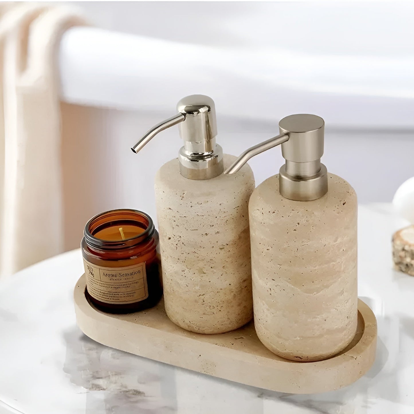 Naturstein Zahnbürstenhalter – mit Seifenspender und Regal | Elegante Badezimmeraccessoires aus Travertin | Karnz