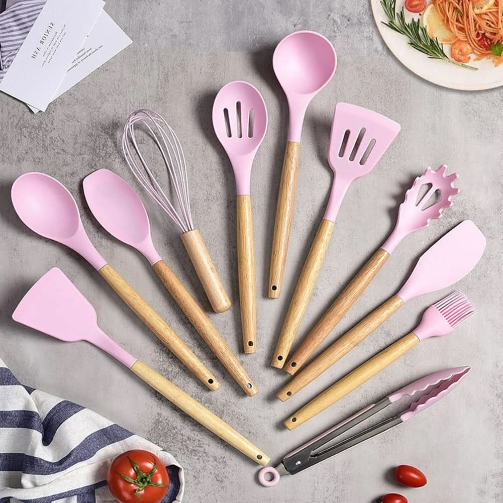 Ungiftiges, BPA-freies Silikon-Kochgeschirr-Set mit Holzgriffen Lattea