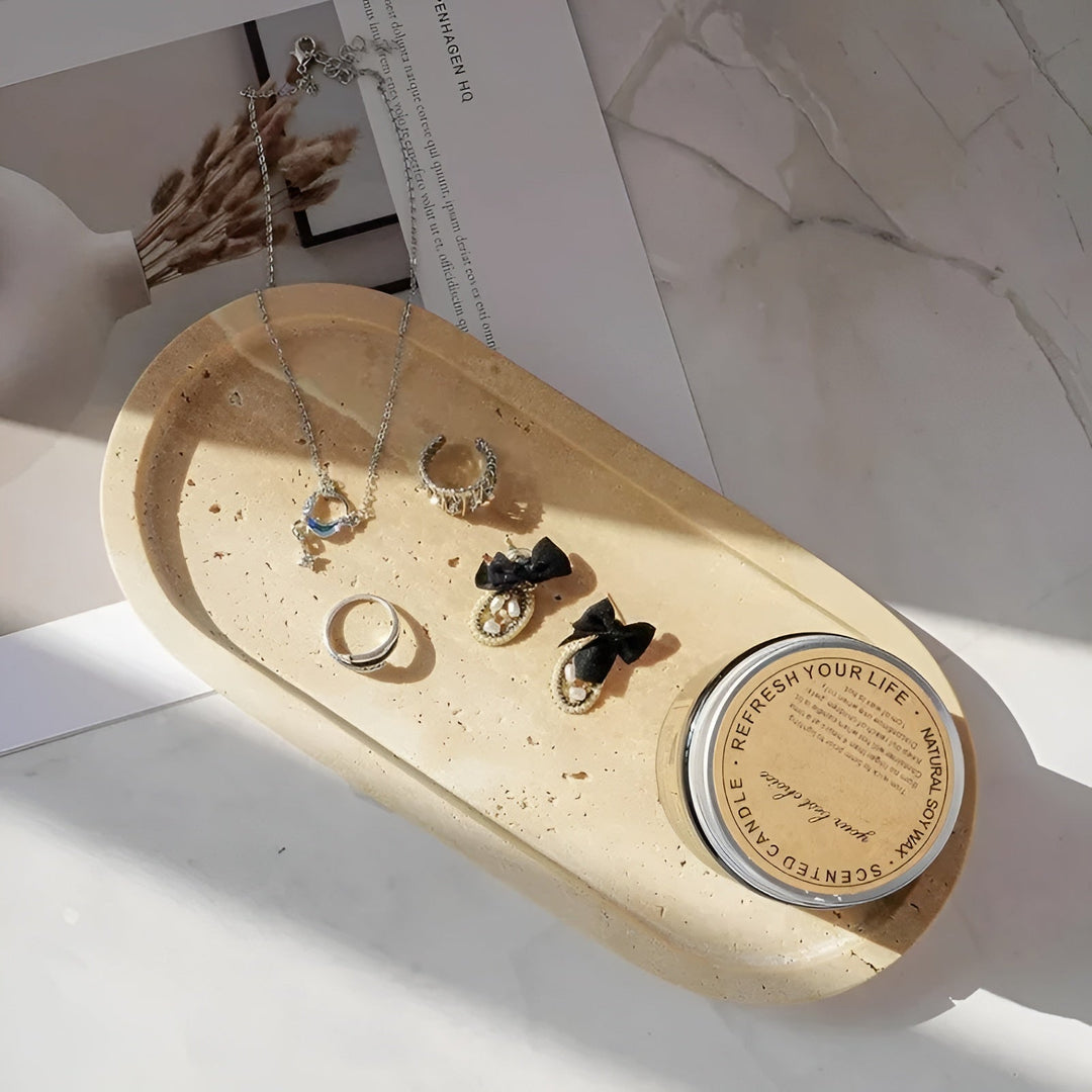 Naturstein Zahnbürstenhalter – mit Seifenspender und Regal | Elegante Badezimmeraccessoires aus Travertin | Karnz