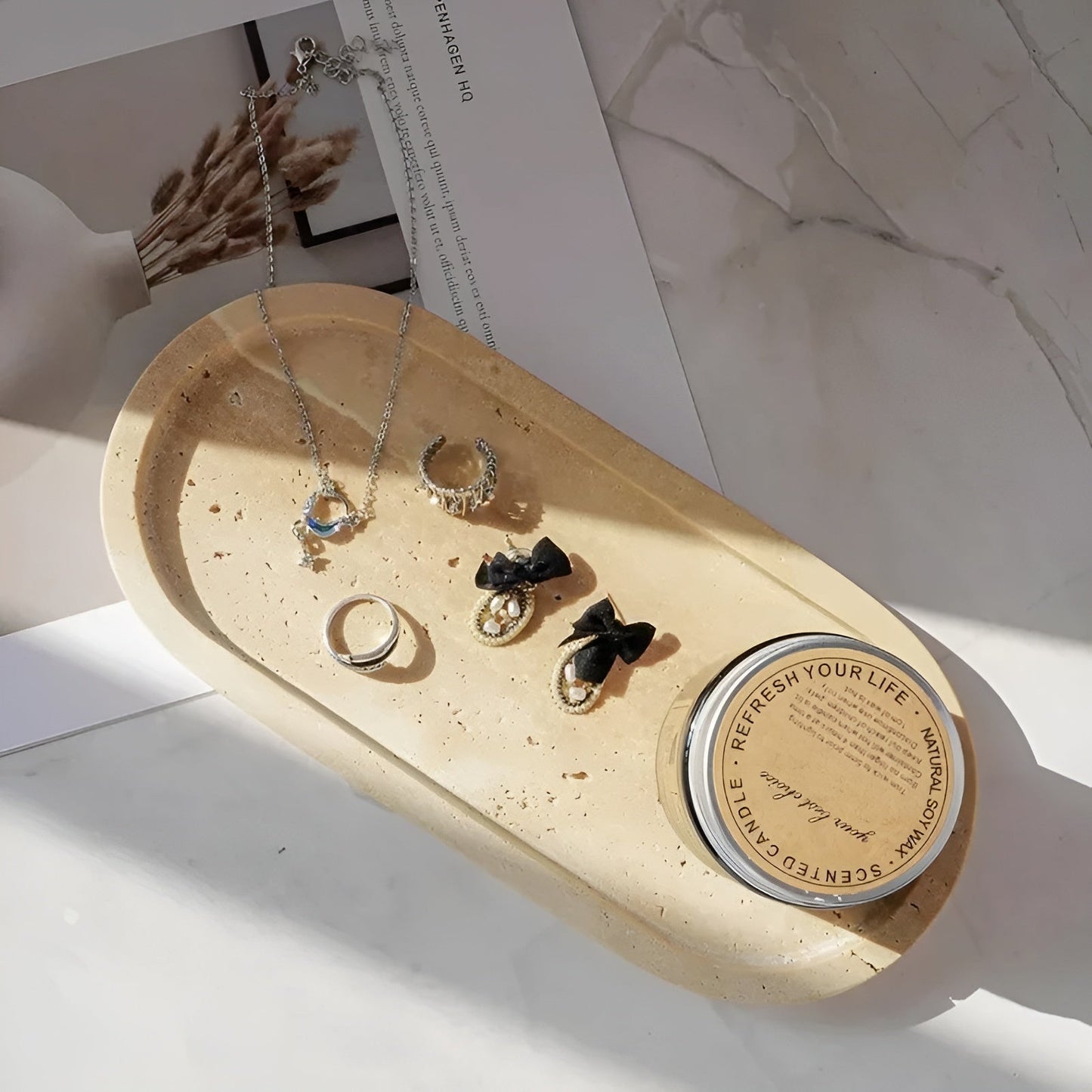 Naturstein Zahnbürstenhalter – mit Seifenspender und Regal | Elegante Badezimmeraccessoires aus Travertin | Karnz