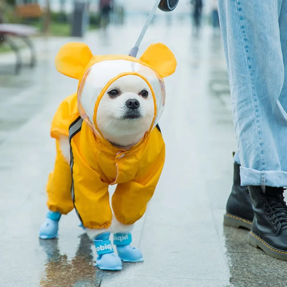 Niedlicher Ganzkörper-Regenmantel für Hunde im Bären-Design mit reflektierenden Sicherheitsmerkmalen