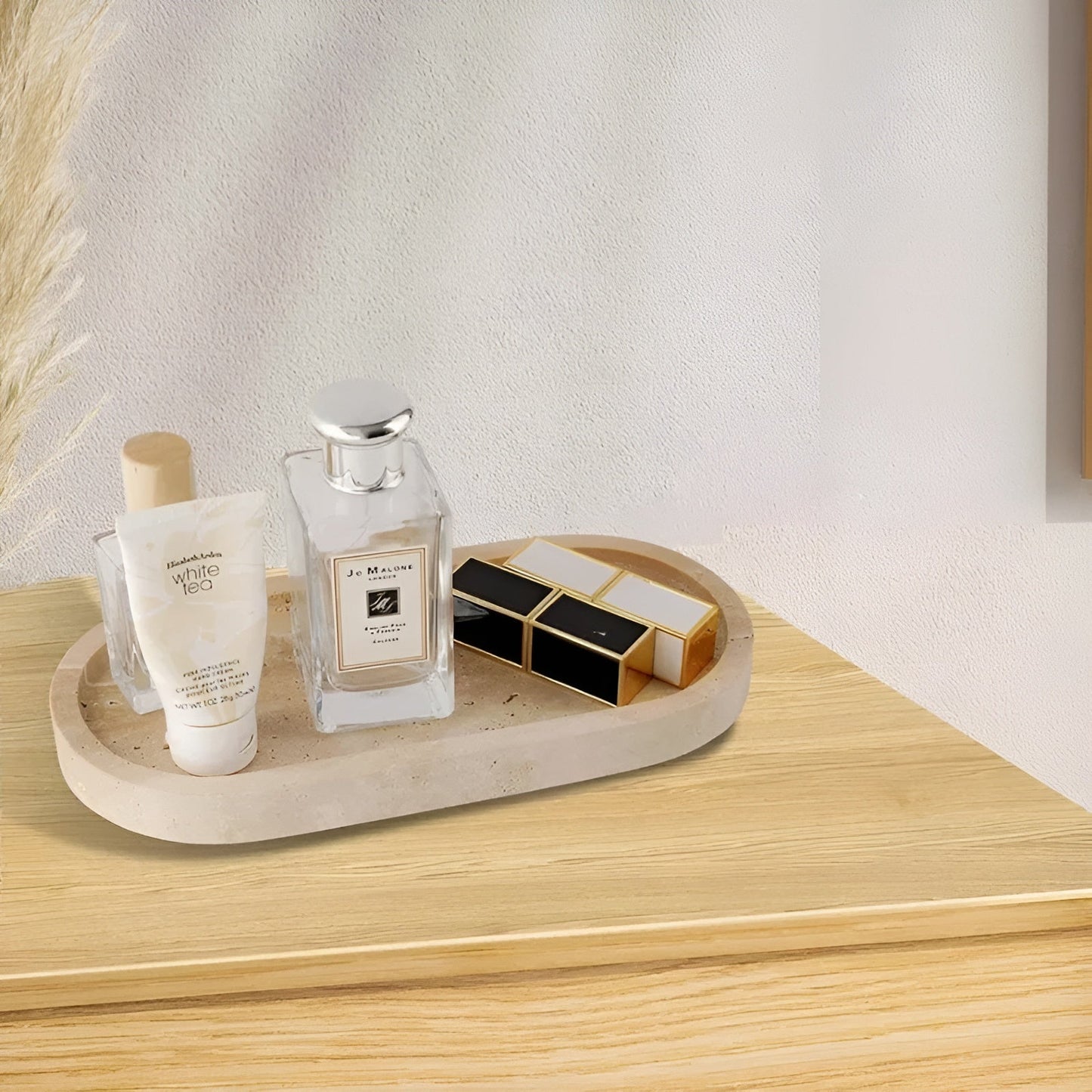 Naturstein Zahnbürstenhalter – mit Seifenspender und Regal | Elegante Badezimmeraccessoires aus Travertin | Karnz