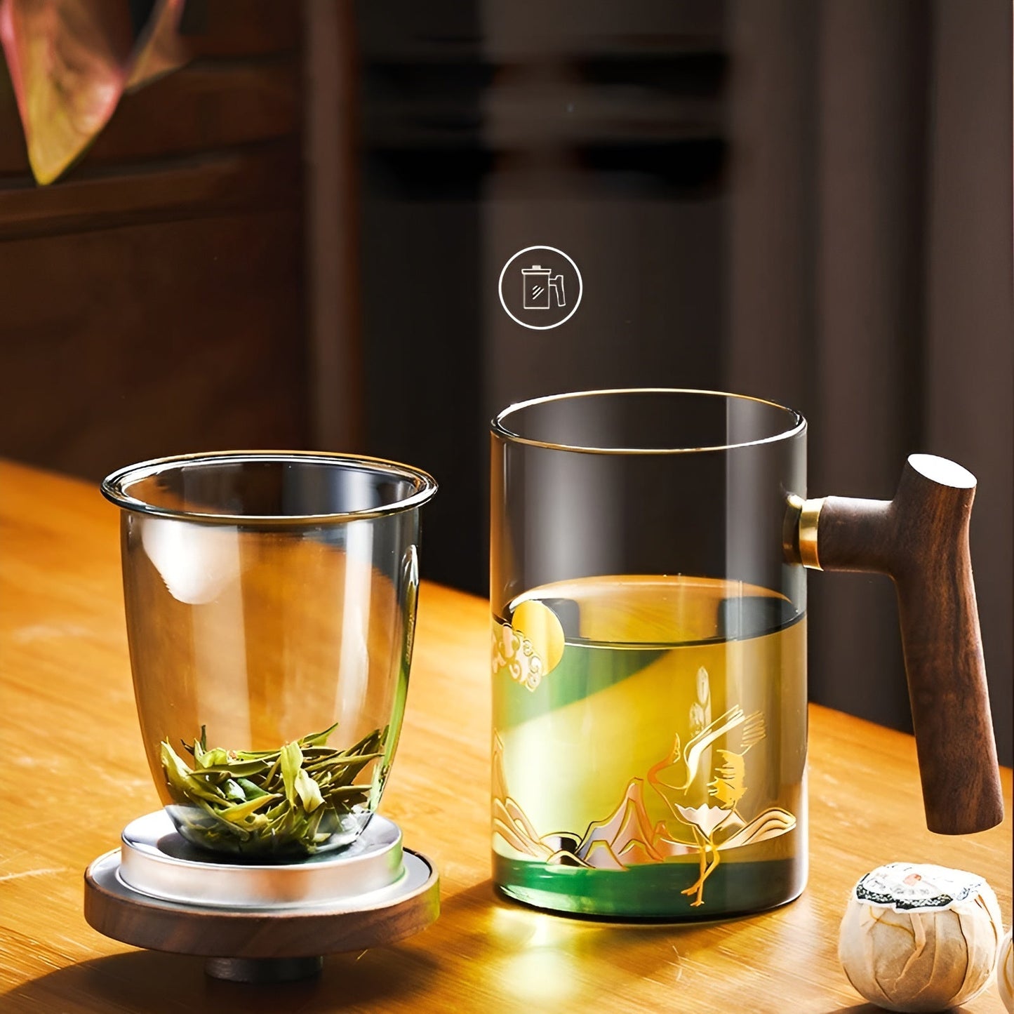 Glas Teetasse mit Holzgriff - Hitzebeständig & mit Teesieb | Ideal für zu Hause | Karnz