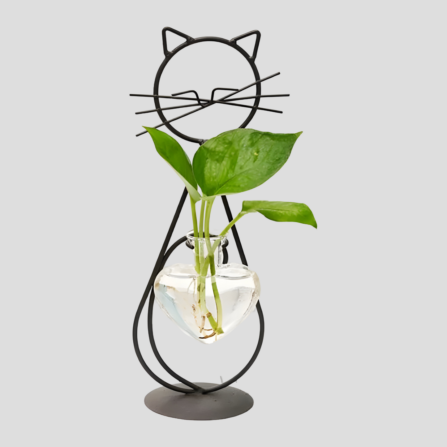 AquaPurr Vase – Hydroponische Glasherzvase mit katzenförmigem Halter